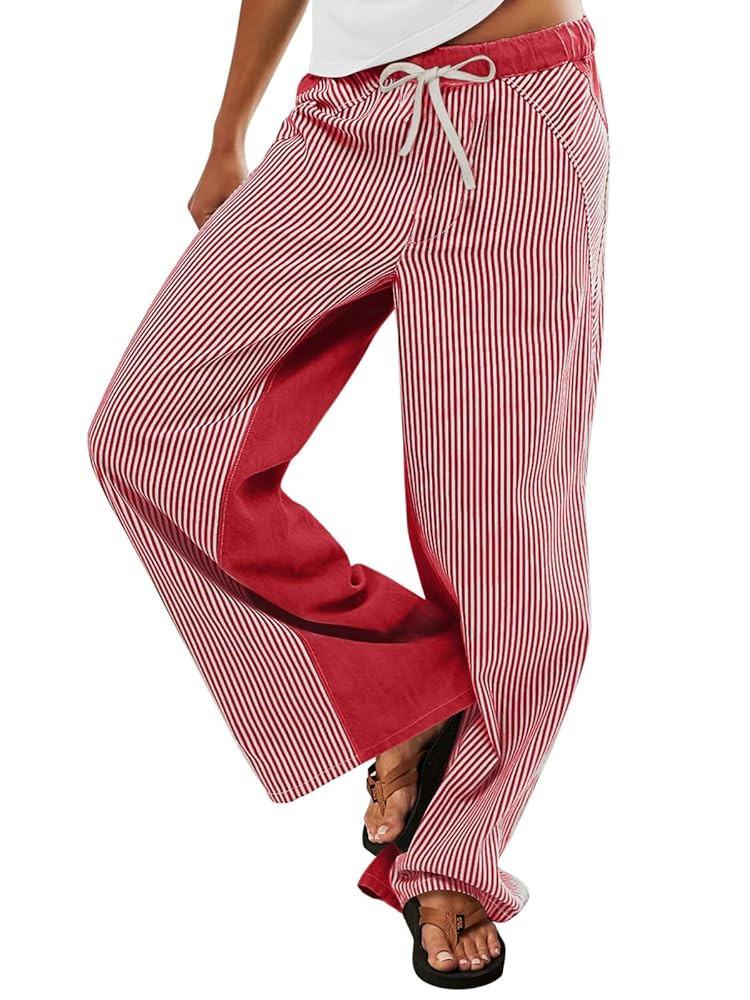 Low Rise Striped Pants for Women Pull On Drawstring Boho Wide Leg Jeans Trendy 2025 | Amazon (US)