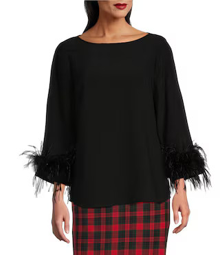 Paula Woven Crepe De Chine Boat Neck Long Sleeve Feather Cuff Blouse | Dillard's