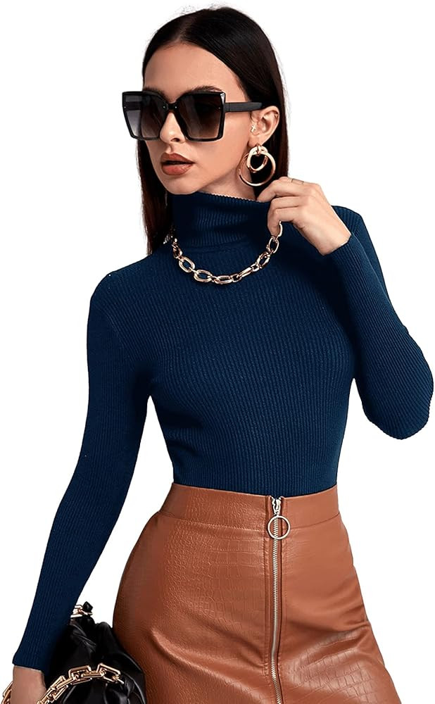SweatyRocks Women's Long Sleeve Turtleneck Ribbed Knit Pullover Sweater Top | Amazon (US)
