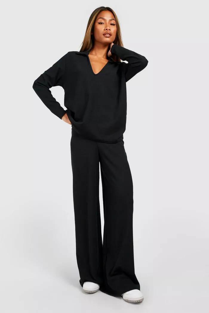 Crinkle Rib Relaxed Fit Wide Leg Trousers | Boohoo.com (UK & IE)