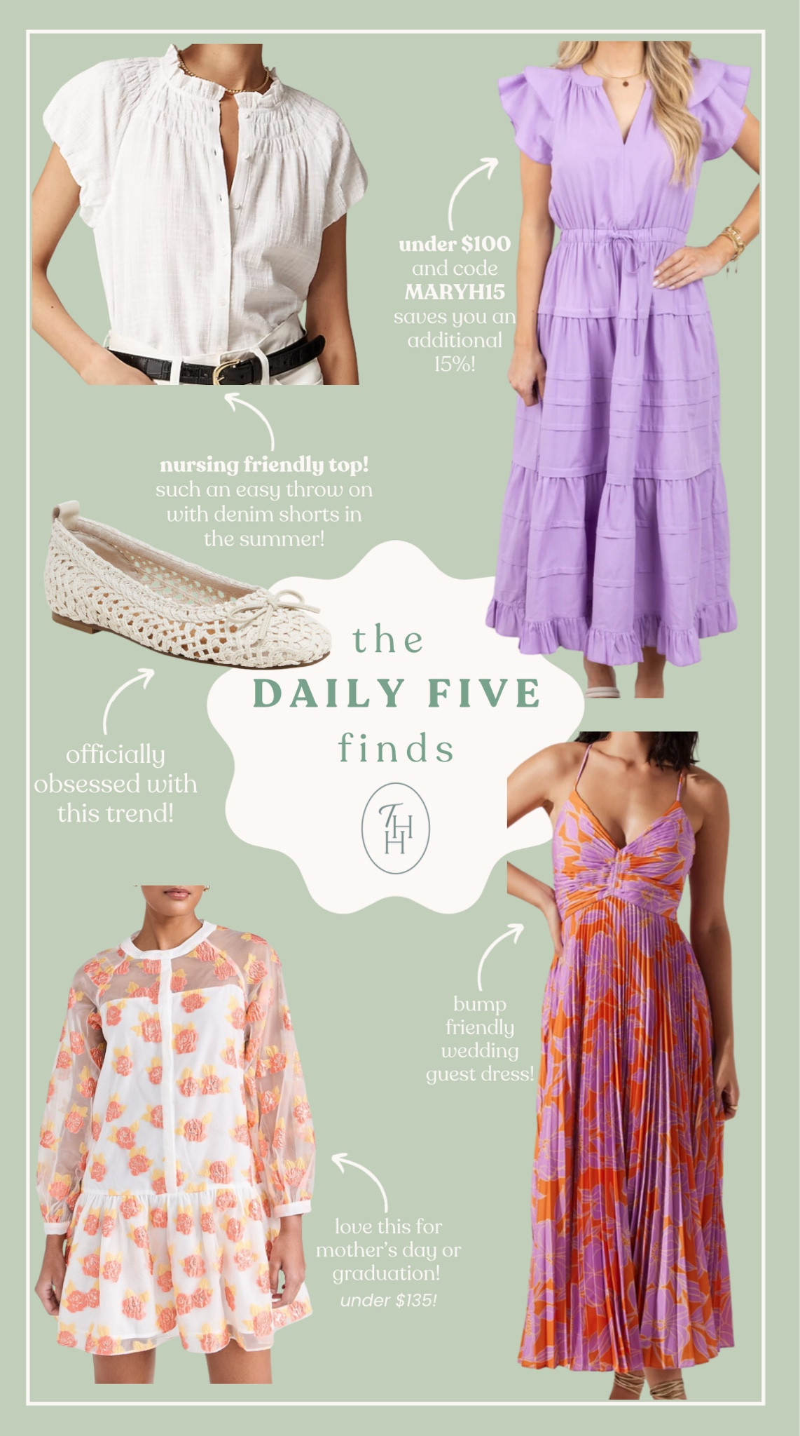 4/10 Daily 5 Finds! 🤍

Easy tops, summer dresses, shower attire, wedding guest dress, ballet flats, and more! 

Use code MARYH15 for 15% off avara finds! 

#LTKfindsunder100 #LTKSeasonal #LTKfindsunder50