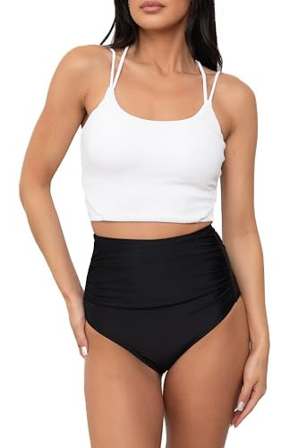 Coral Reef Swim Tankini Swimsuits for Women – White Double Strap Tankini Top & Black High Rise Ruched Swim Bottoms Set - XL | Amazon (US)