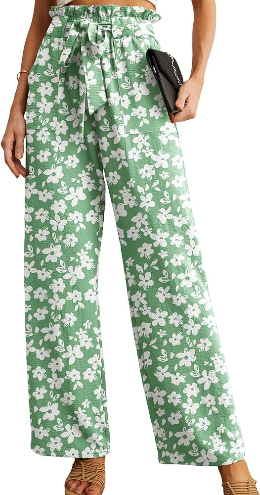IWOLLENCE Women's Wide Leg Pants with Pockets High Waist Adjustable Knot Loose Casual Trousers Bu... | Amazon (US)