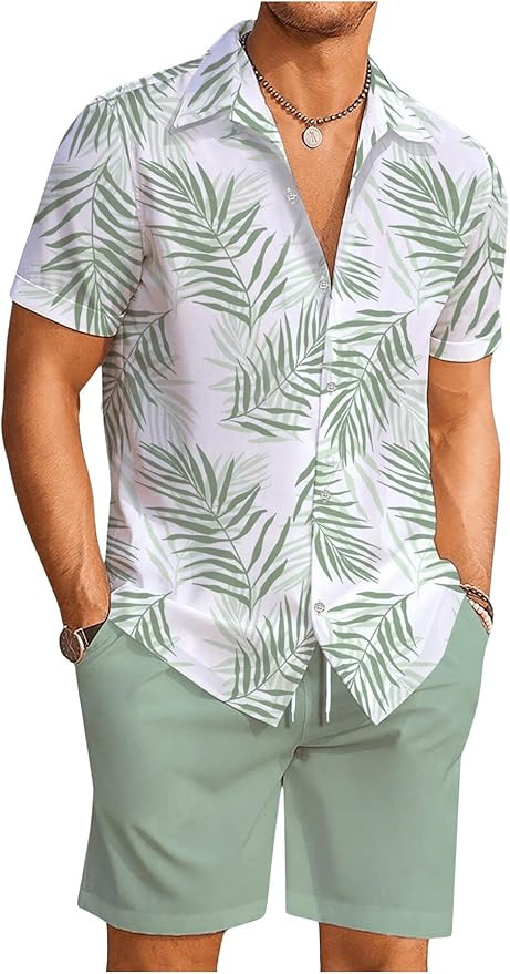 WDIRARA Men's Hawaiian Matching Set Summer Beach 2 Piece Outfits Tropical print Shirts and Shorts | Amazon (US)