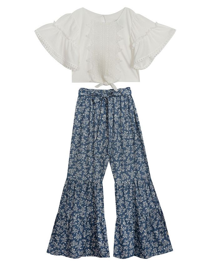 Rare Editions Big Girls 2 Piece Tie Front Top and Linen Tiered Flare Pant Set & Reviews - Sets & ... | Macys (US)