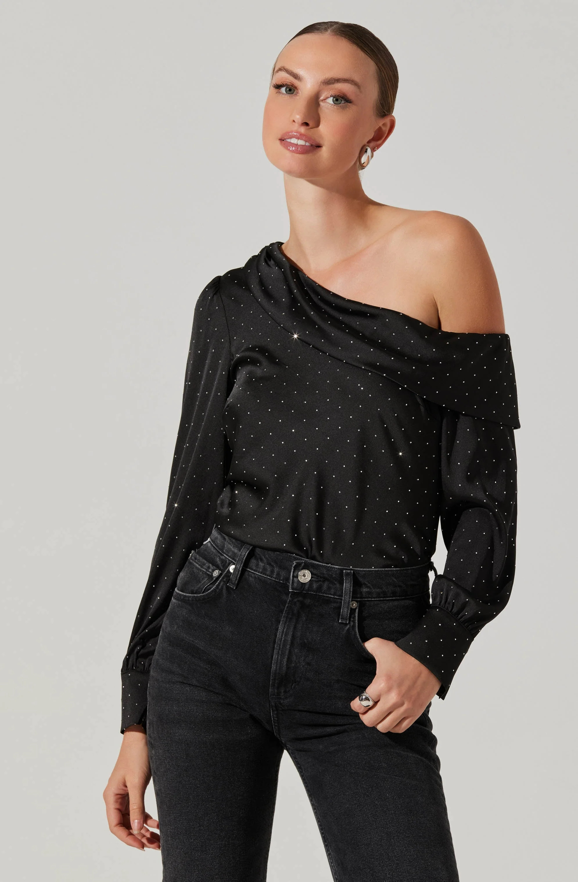 Ellen Satin Rhinestone One Shoulder Top | ASTR The Label (US)