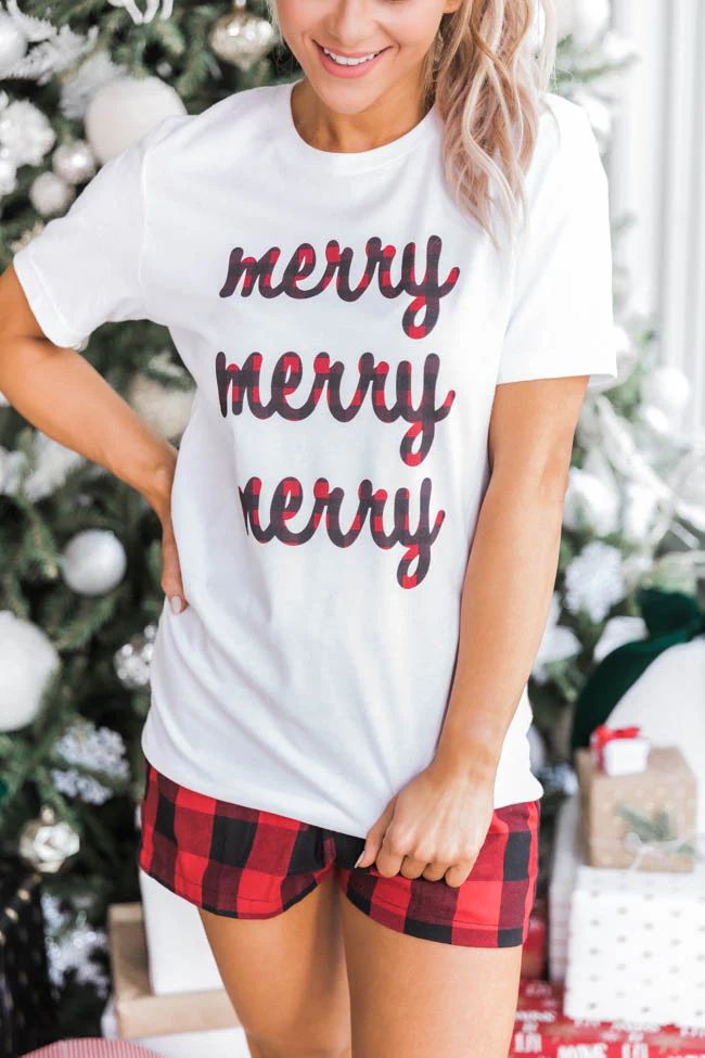 Plaid Merry Merry Merry Graphic White Tee | The Pink Lily Boutique