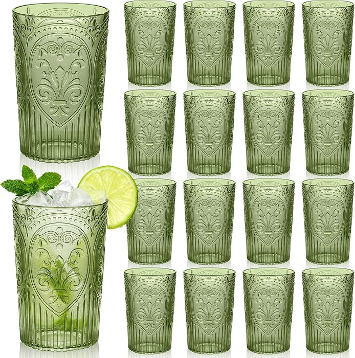 Plastic Vintage Drinking Glasses - 16 oz Stemless Ribbed Highball Glasses Bulk Embossed Reusable Cups for Water Beer Cocktails Juice Wedding Bridal Shower Birthday Event Party(Green,24 Pcs) | Amazon (US)
