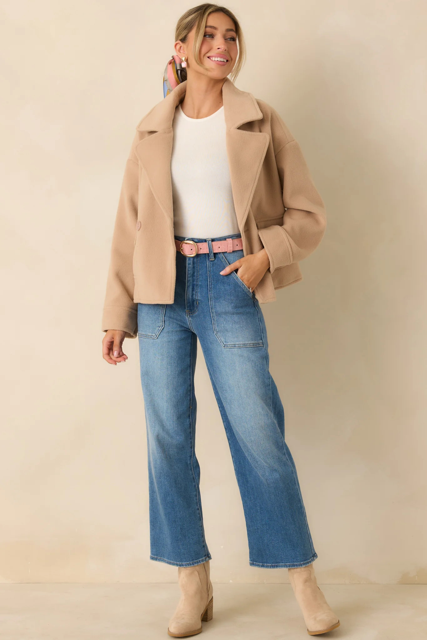 Well Considered Taupe Brushed Felted Double Breasted Cropped Jacket | Red Dress