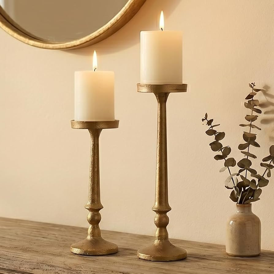 BANOMII Vintage Iron Pillar Candle Holders Set of 2 12.2" & 10" Tall Candleholders - Rustic Brass... | Amazon (US)
