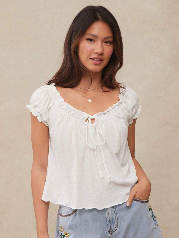 WESTFADE Slub Knit Smocked V Neck Short Puff Sleeve Bow Tie Front Swing Top Women Casual Cute Summer Vacation Tops | SHEIN