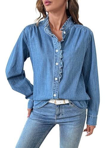 Sidefeel Womens Denim Blouses Button Down V Neck Ruffled Casual Long Sleeve Chambray Jean Western Shirt Light Blue X-Large | Amazon (US)