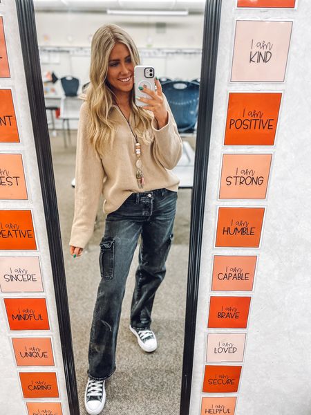 Teacher outfit for casual Friday!
Half zip sweater: sized up one to an L, comes in more colors 
Black cargo jeans: true to size
Converse: true to size and comfy 

| teacher outfit | casual Friday | work outfit | jeans | amazon sweater | express pants | converse high tops 

#LTKworkwear #LTKfindsunder100