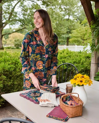 Organic Flannel Long Pajama Set in Turkey Trot | Women's S | Navy | | Sleepwear | Printfresh