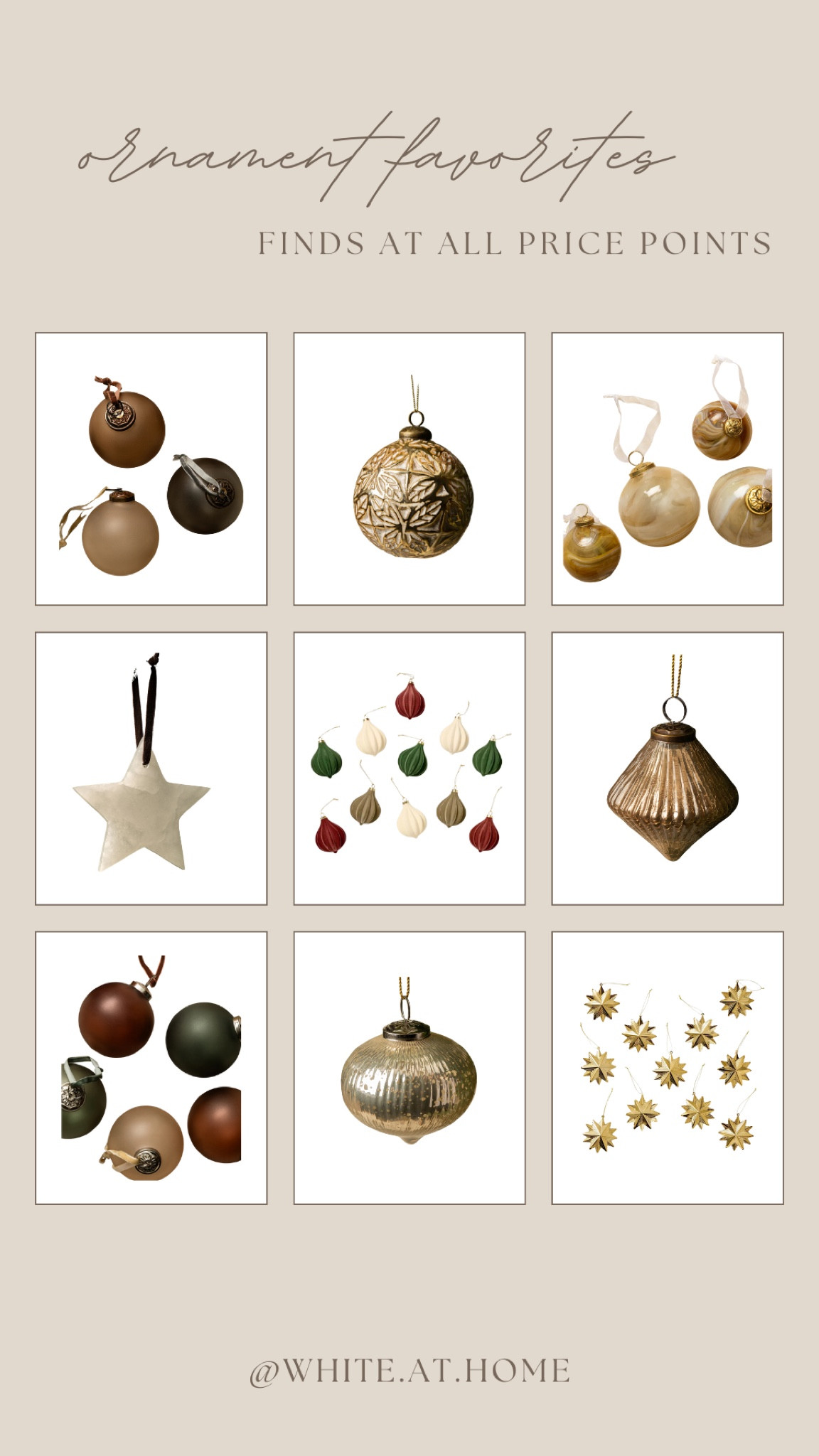 Holiday ornaments I am loving at all price points! Beautiful greens, beige, maroons and gold tones that are timeless and will be in your collection for year after year! 

#LTKStyleTip #LTKHoliday