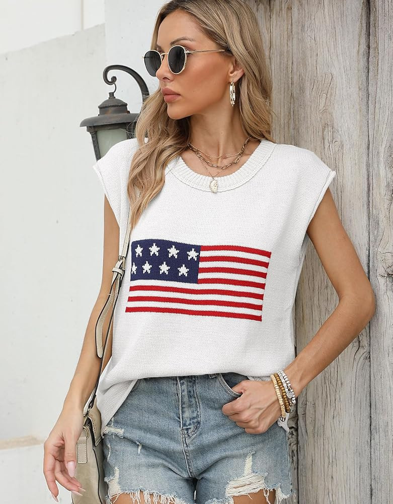 Alsol Lamesa Women’s American Flag Cap Sleeve Sweater Vest Knit Lightweight Crew Neck Tank Top | Amazon (US)