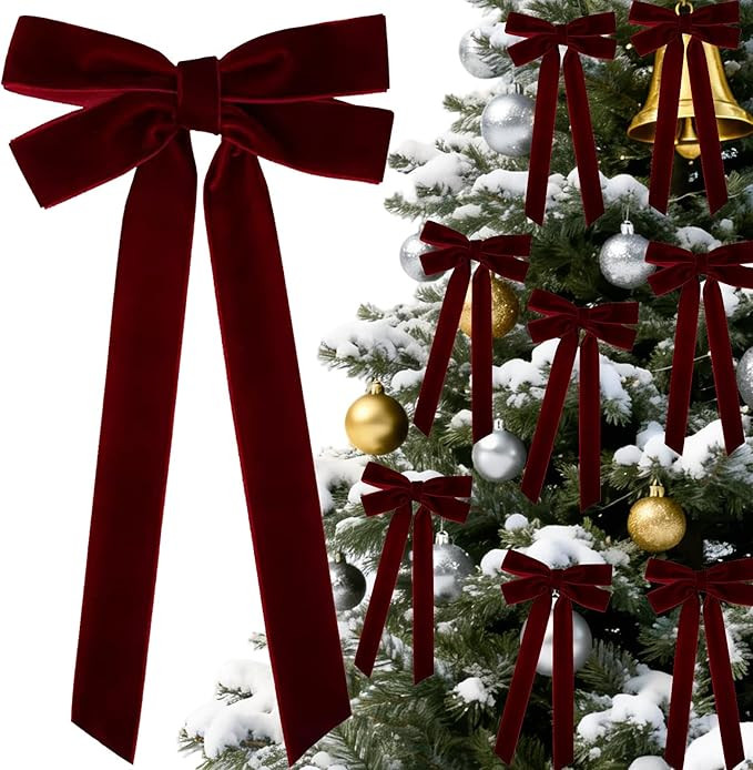 8Pcs Burgundy Velvet Ribbon Bows for Christmas Tree Decorations, 5in x 10in Bows Ornaments for Ch... | Amazon (US)