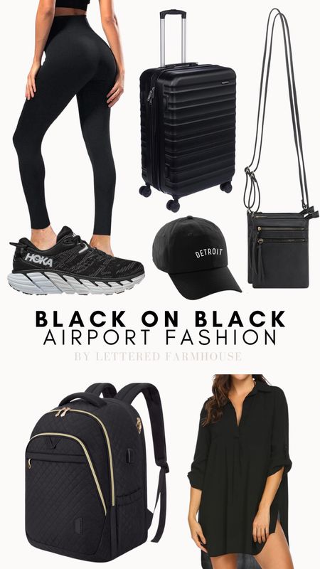 What to wear to the airport? I got you! I’m going black on black on black. Keeping it classy and chic - ready to blend in and zone out! 

The Detroit hat comes in many other major cities, States, and color combinations! 

The black henley top, while marketed as a swim cover up, is the perfect light weight shirt for landing in Mexico in somewhat beach forward fashion. 

I also have this top in sage and blue - which I contemplate switching into once there - we’ll see! 

So excited to test out my Hoka’s through the airports and customs! Looking forward to putting them to the test and keeping fingers crossed for all day comfort!

The carry-on backpack …. Holy pockets! I’ve got it all ready to go with all of Ava’s entertainment and I’m living the organization!! So far I’ve got her tablet and accessories in there, coloring and reading books, markers, puzzles, and her beloved fairy figurines. 

I’m skipping a big personal purse and bringing a small crossbody instead. It holds our passports, my phone and sunglasses perfectly and will be just the ticket for coffee runs and dinners out while in Mexico! 

Confession: I own everything in this photo but the rolling suitcase … but it’s on my wishlist! We’ve had our luggage since our wedding shower almost thirteen years ago … about time for an upgrade! 

#LTKtravel #LTKcurves #LTKunder100
