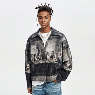 Men Front Zip Up Long Sleeve Personality Printed Simple Casual Jacket, Going Out Vintage Black Colorful Graphic Shacket, For Friends, Husband, Boyfrie | SHEIN