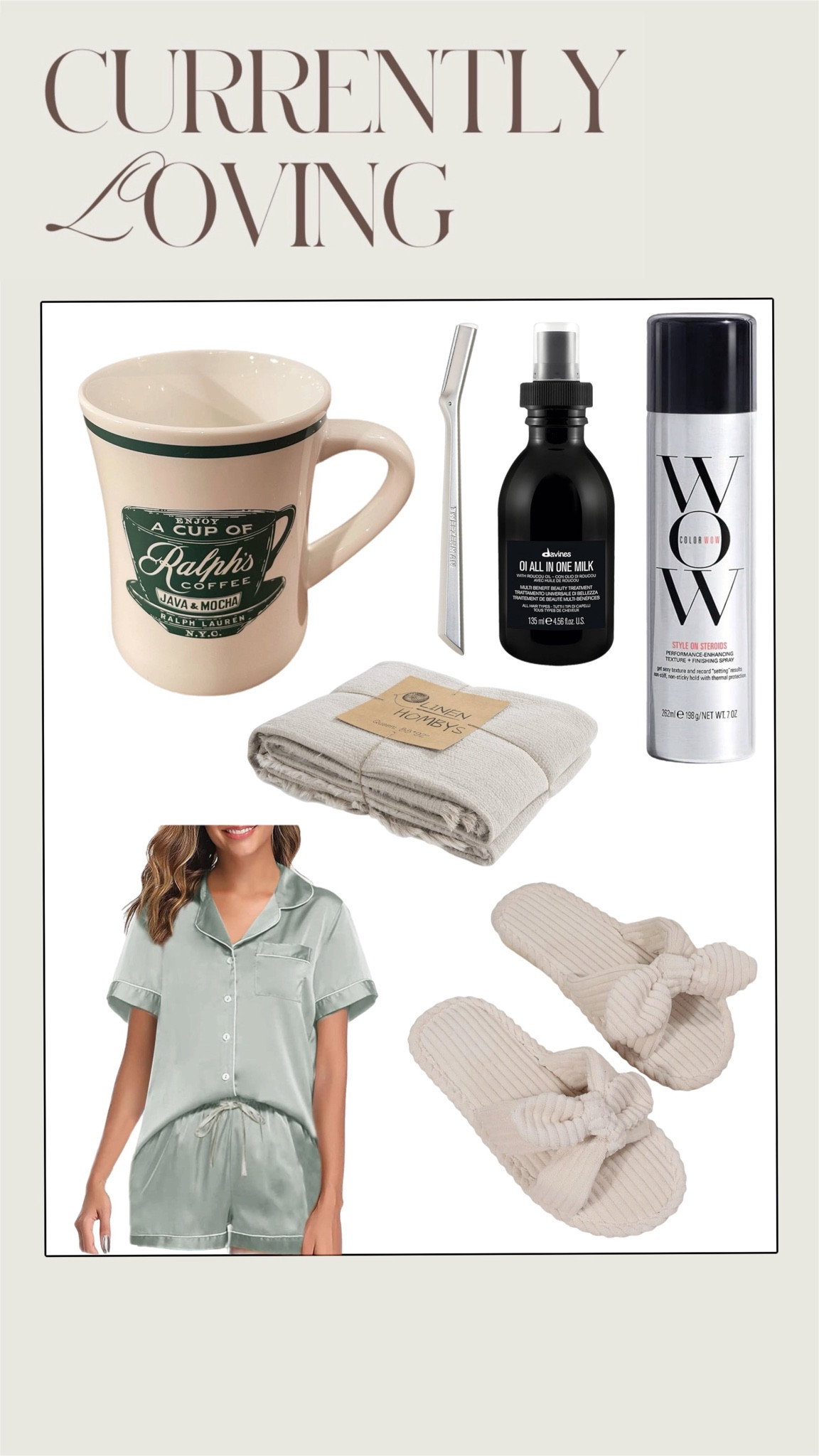 Things I’m currently loving 
pajama set, slippers, linen blanket, hair products

#LTKfindsunder50 #LTKfindsunder100