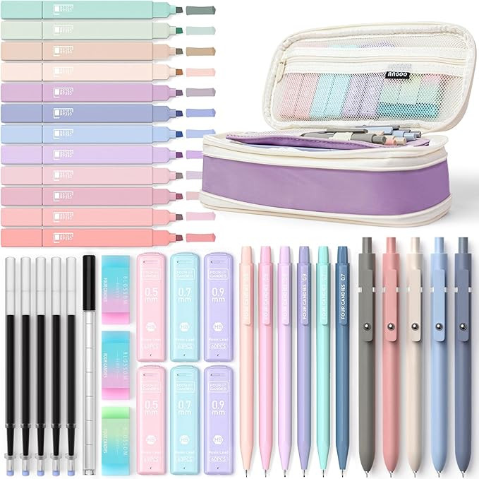 Four Candies 39 PCS Aesthetic School Supplies with Cute Pen Case, 12 Pastel Highlighters, 5 Black... | Amazon (US)