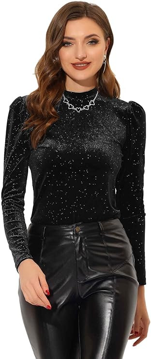 Allegra K Velvet Tops for Women's Puff Long Sleeve Mock Neck Vintage Christmas Shiny Metallic Blo... | Amazon (US)