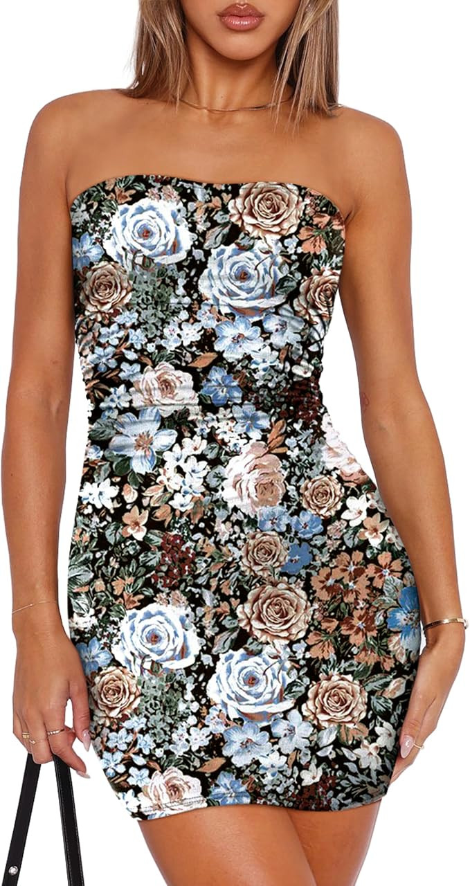 OFEEFAN Summer Dresses for Women 2025 Strapless Ruched Party Club Bodycon Mini Dress | Amazon (US)