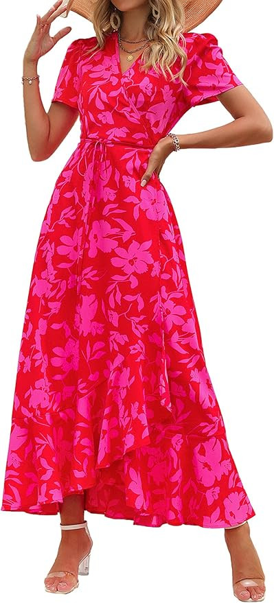 PRETTYGARDEN Women's Summer Wrap Maxi Dress Casual Boho Floral V Neck Short Sleeve Ruffle Hem Spl... | Amazon (US)