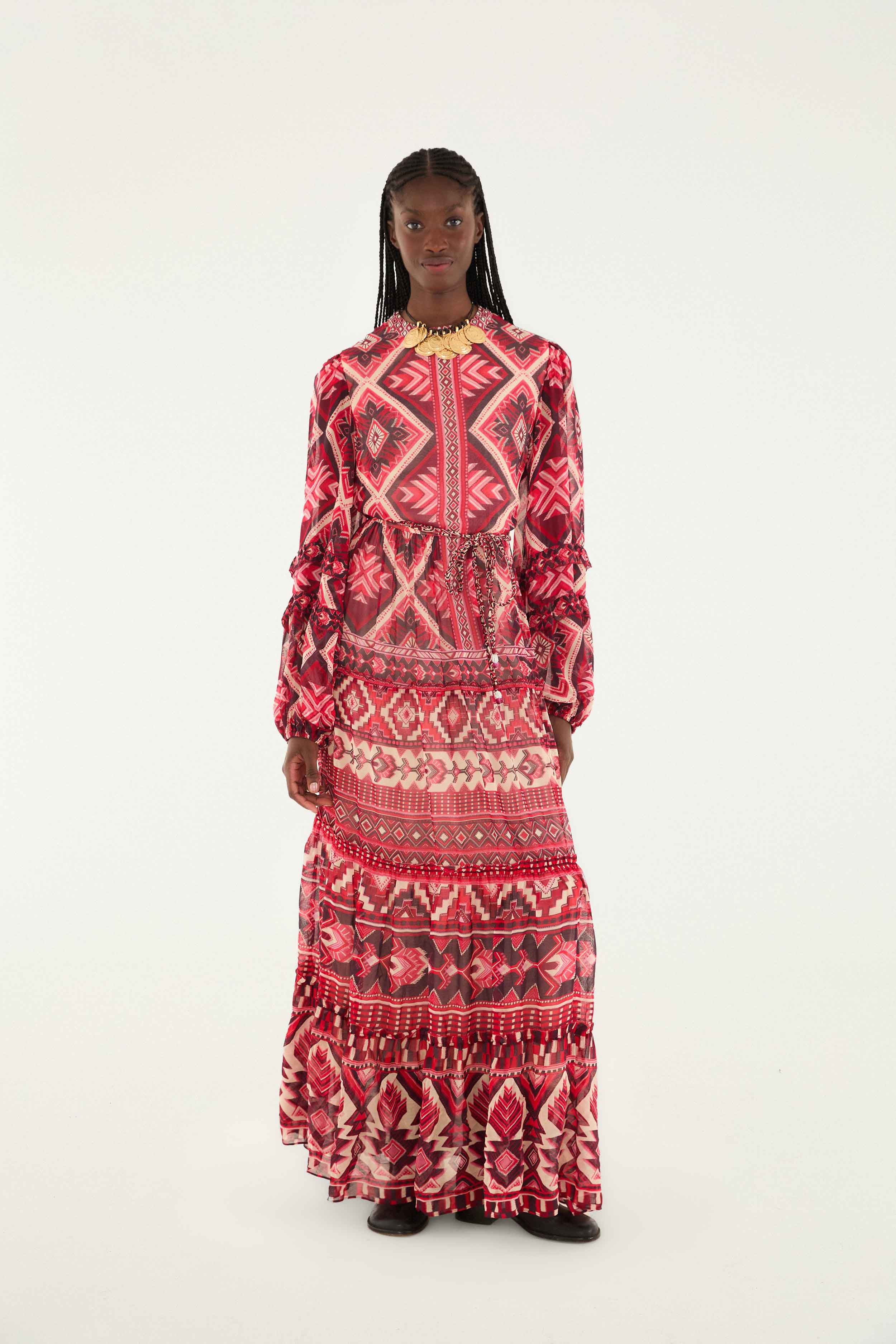 Red Graphic Ainika Belted Tiered Maxi Dress | FARM Rio | FarmRio (US)