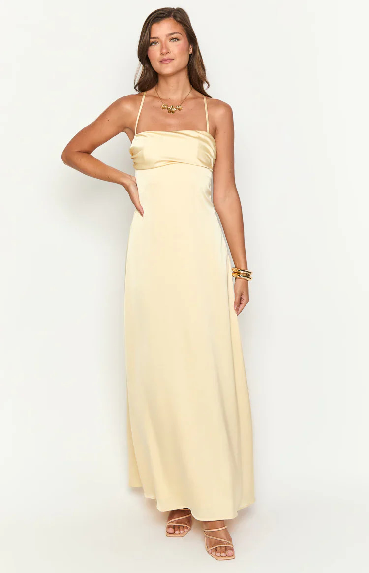 Blaise Yellow Satin Maxi Dress | Beginning Boutique (US)