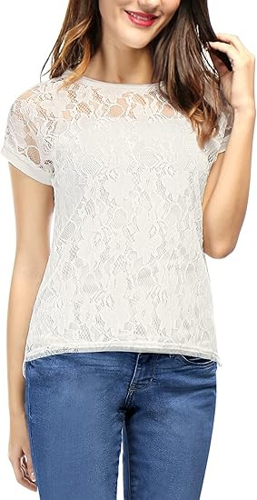 Allegra K Women's Lace Floral Short Sleeves Embroidery See-Through Top | Amazon (US)