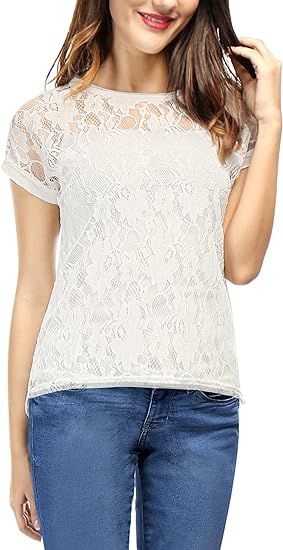 Allegra K Women's Lace Floral Short Sleeves Embroidery See-Through Top | Amazon (US)