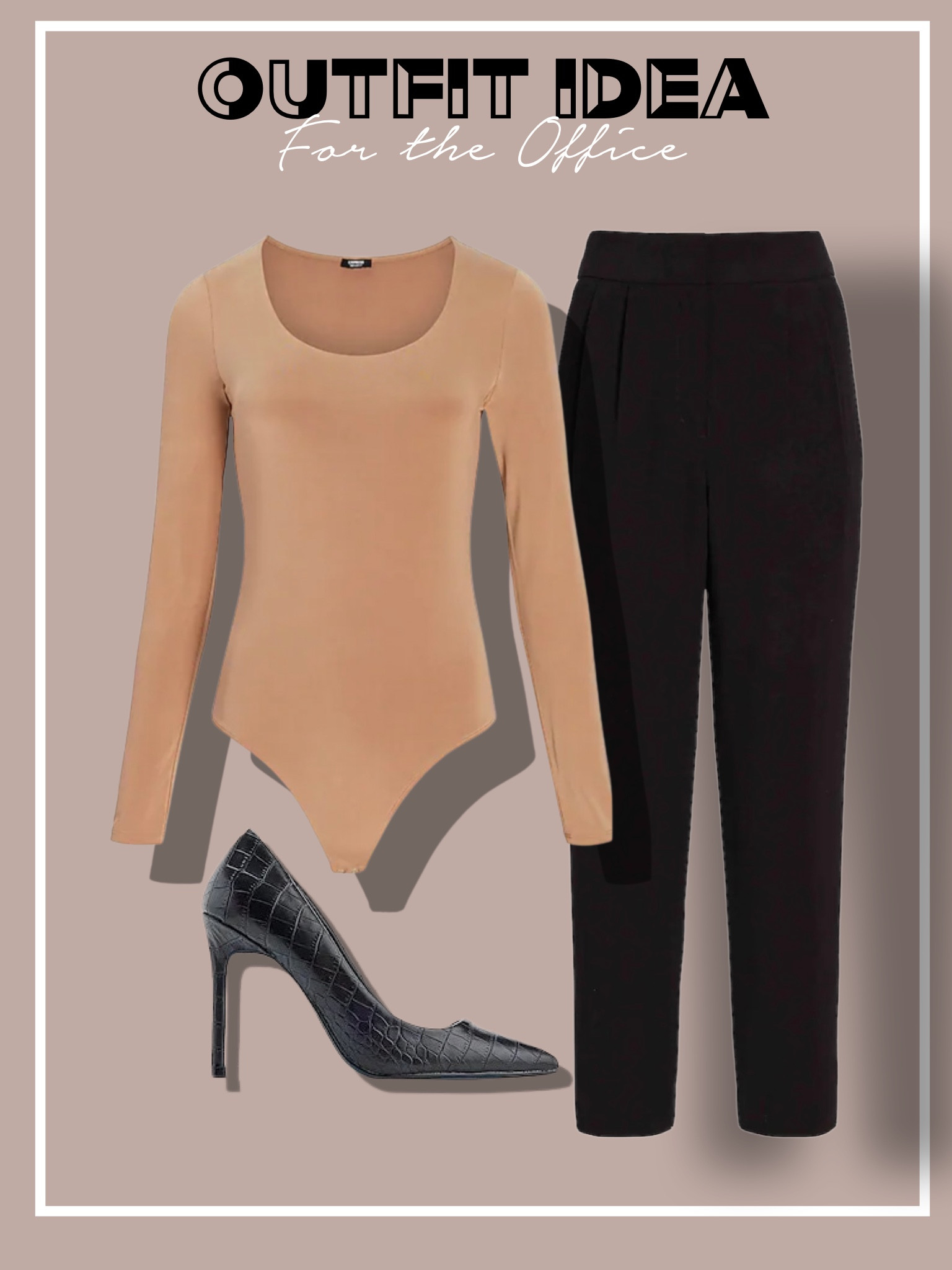 Outfit idea for the office ON SALE tan scoop bodysuit black pumps black pants 00p or 00 Xs and xxsp coat 

#LTKworkwear #LTKunder100 #LTKstyletip