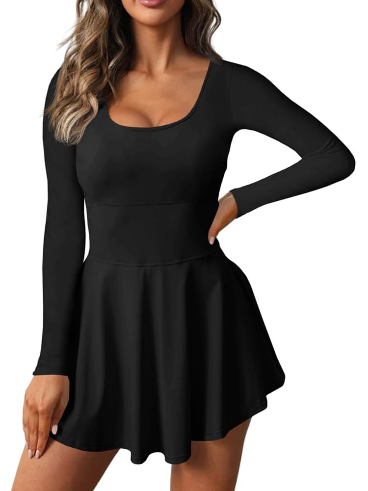 Fisoew Womens 2-in-1 Athletic Tennis Golf Dress Long Sleeve Underneath Workout Active Dresses wit... | Amazon (US)