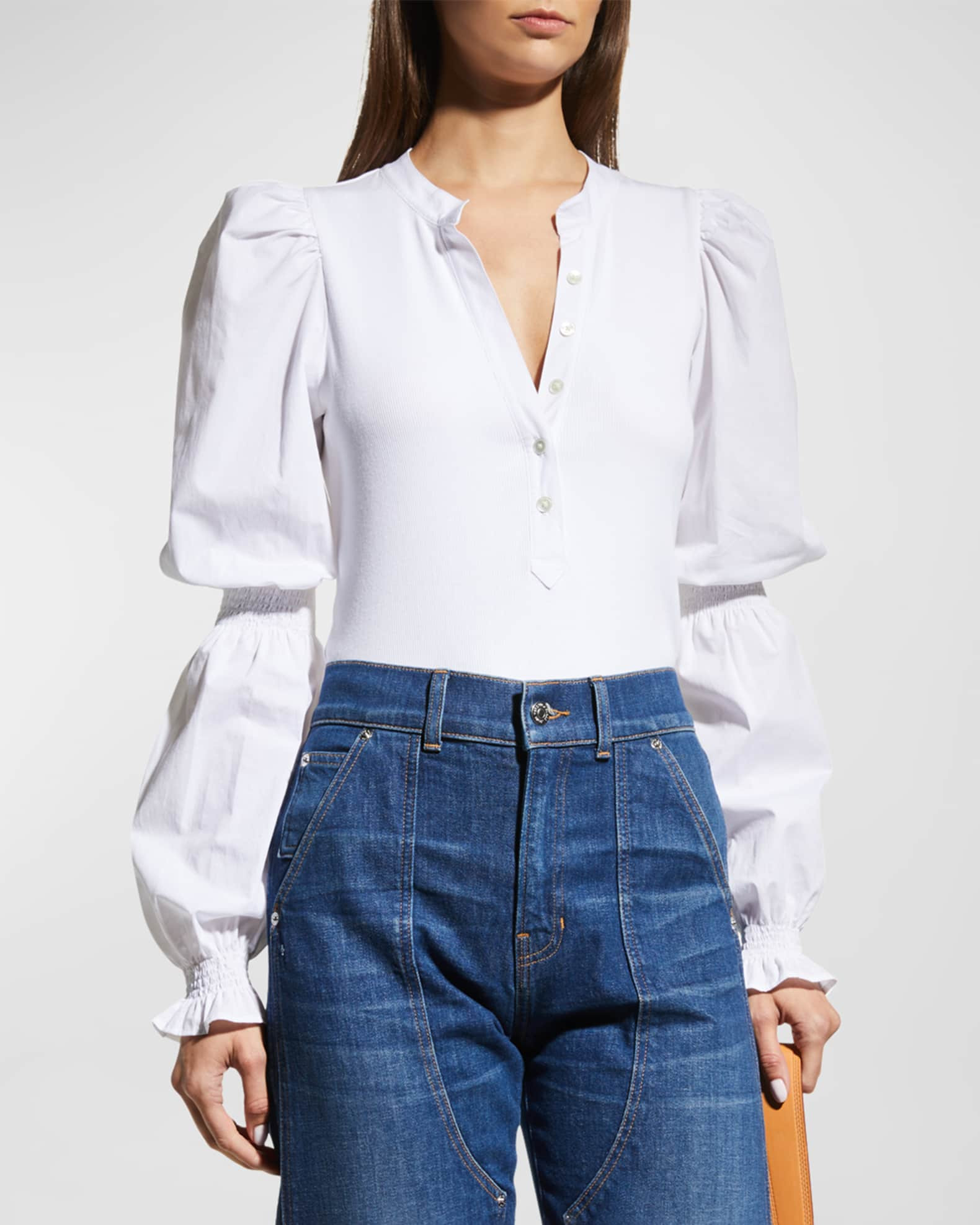 Effy Button-Front Cinched Sleeve Top | Neiman Marcus