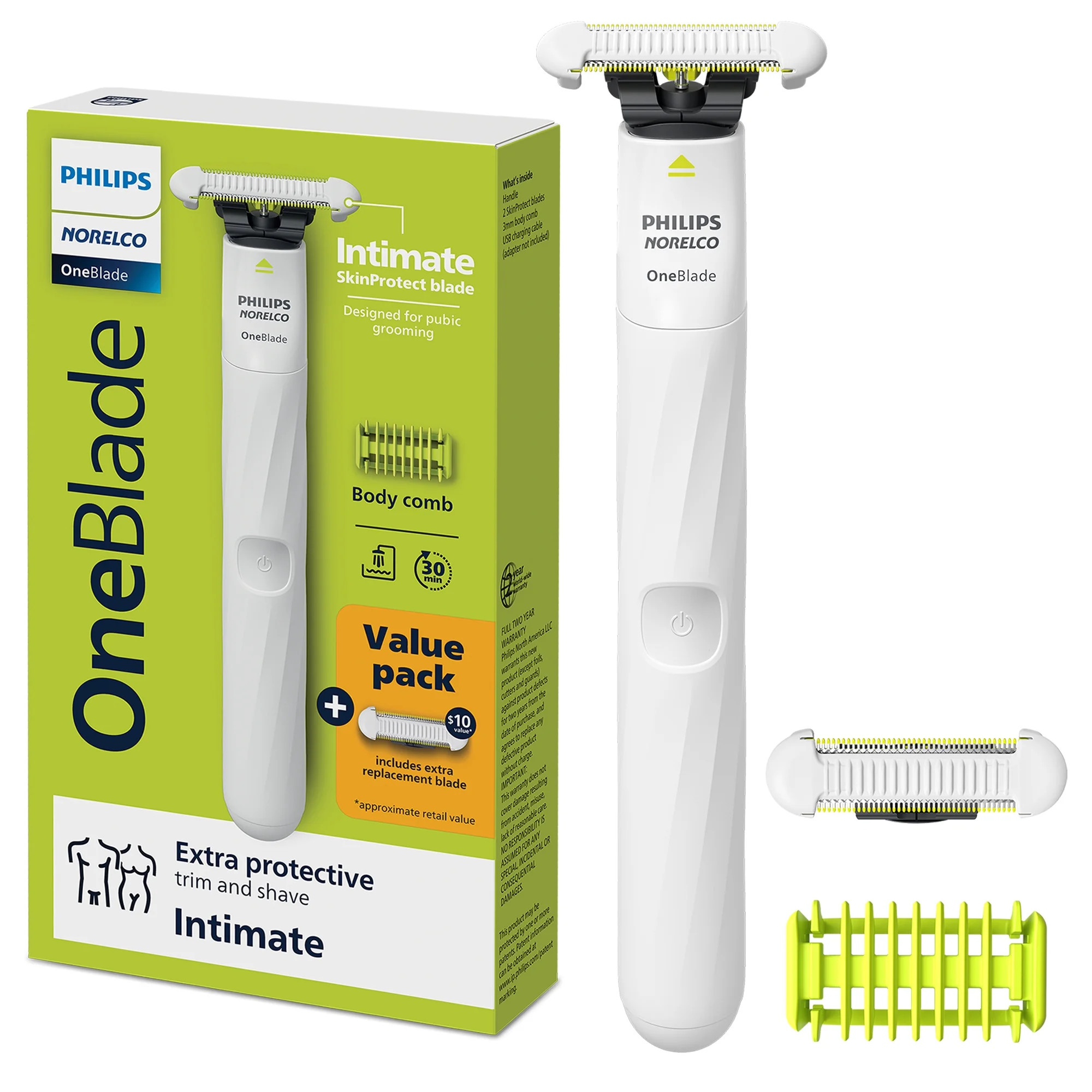Philips Norelco OneBlade Electric Rechargeable, Intimate Pubic Trimmer, Value Pack with Extra Bla... | Walmart (US)