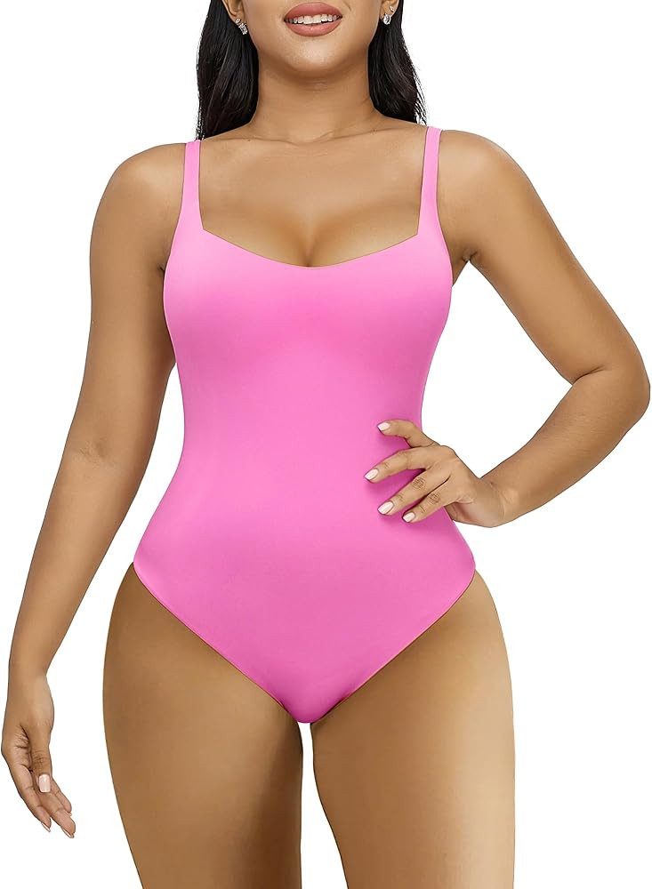 SHAPERX Women's Sleeveless Bodysuit Second-Skin Feel Stretchy Cami Top with Square Neck and Thong... | Amazon (US)