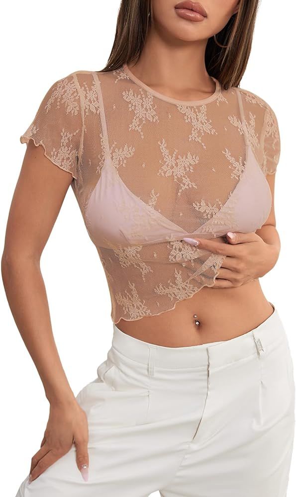 MEROKEETY 2024 Women's Sheer Mesh Cap Sleeve Crop Top Crewneck Summer Sexy Lace Y2K See Through B... | Amazon (US)