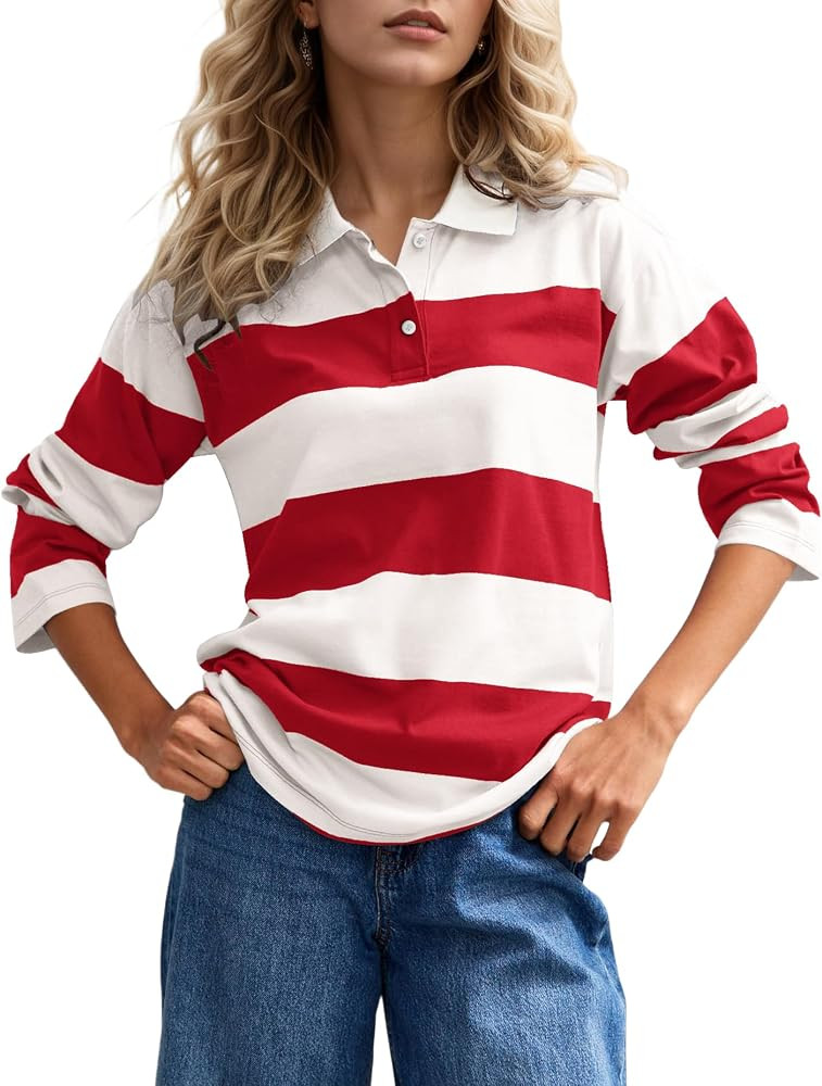 MISSACTIVER Womens Striped Polo Long Sleeve Shirts Color Block Lapel V Neck Workout Tops Fall Loo... | Amazon (US)