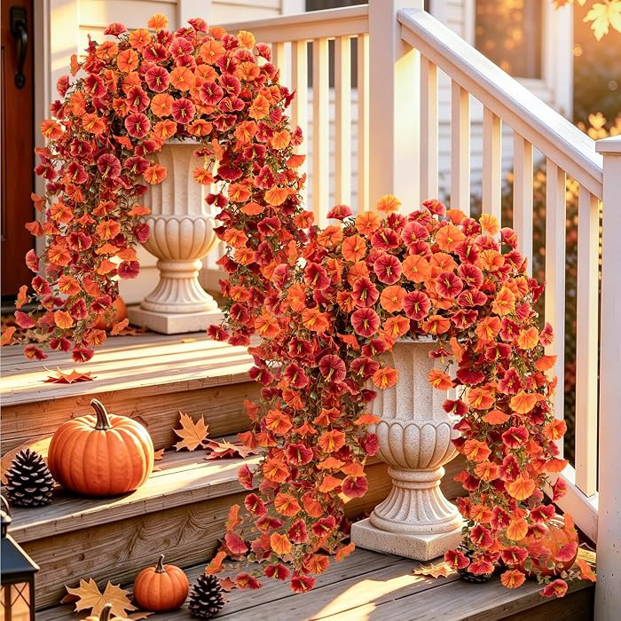 Artificial Fall Hanging Flowers for Outdoors, 4 PCS Morning Glory Vines | Amazon (US)