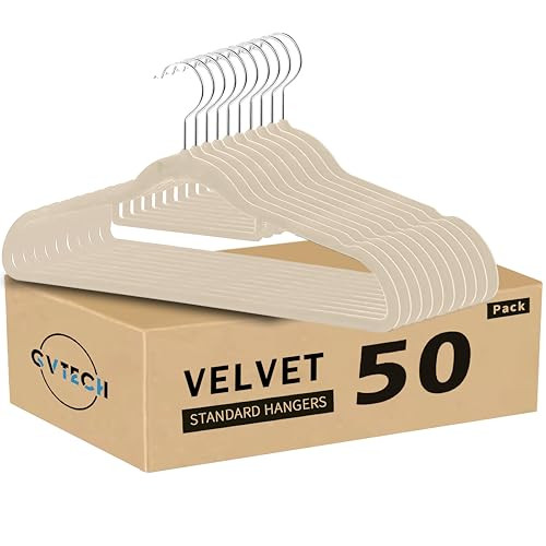 GVTECH Premium Velvet Hangers, [50 Pack] Non Slip and Heavy Duty Velvet Suit Hangers (45cm) with Tie Bar, 360° Swivel Hooks, Sturdy to Hold Jumper, Pullovers, Jackets & Hoodies (50 Pack, Ivory) | Amazon (US)