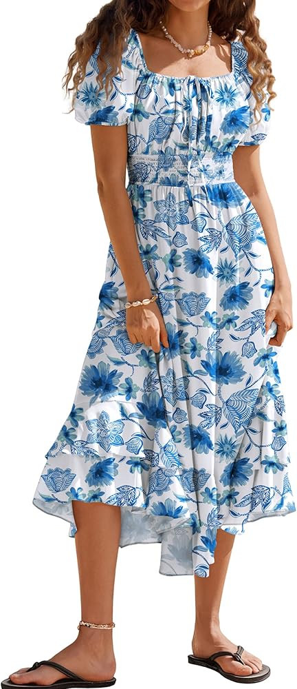 Summer Dresses for Women 2026, Casual Boho Floral Maxi Wedding Guest Dress, Blue and White Long F... | Amazon (US)