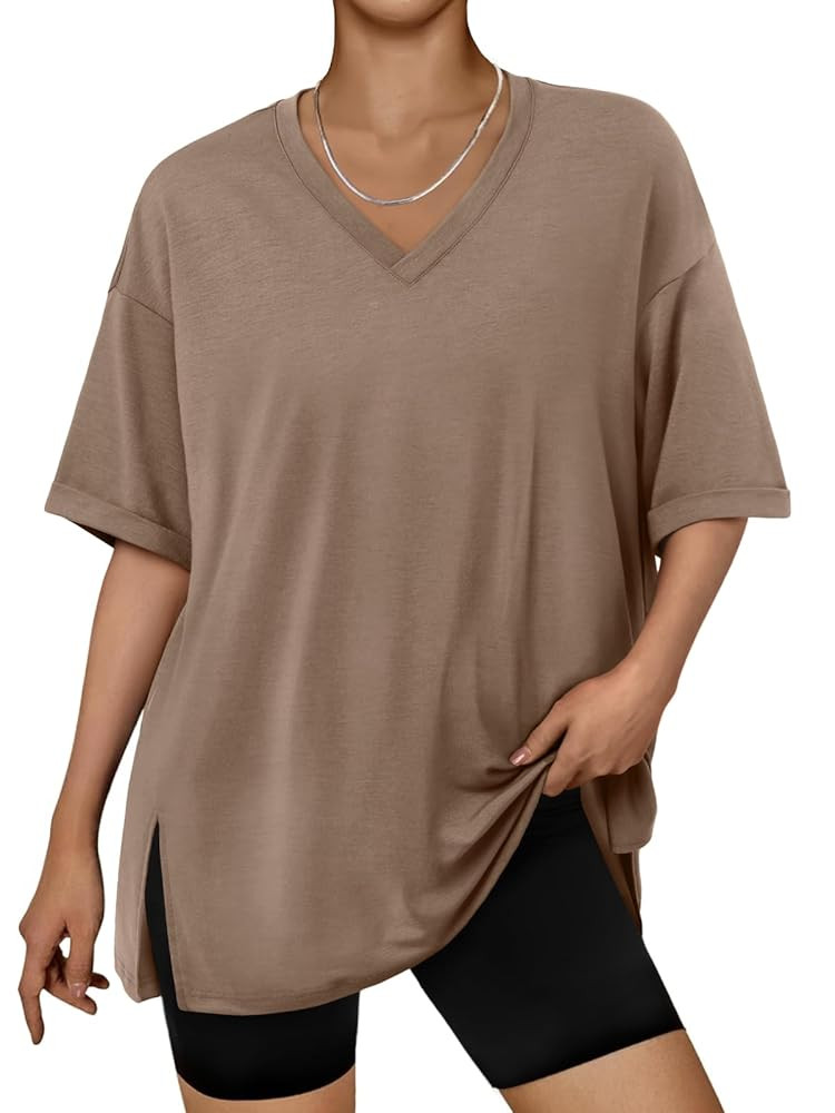 Trendy Queen Oversized Tshirts for Women Workout Plus Size Tops V Neck Short Sleeve Gym Shirts Ca... | Amazon (US)