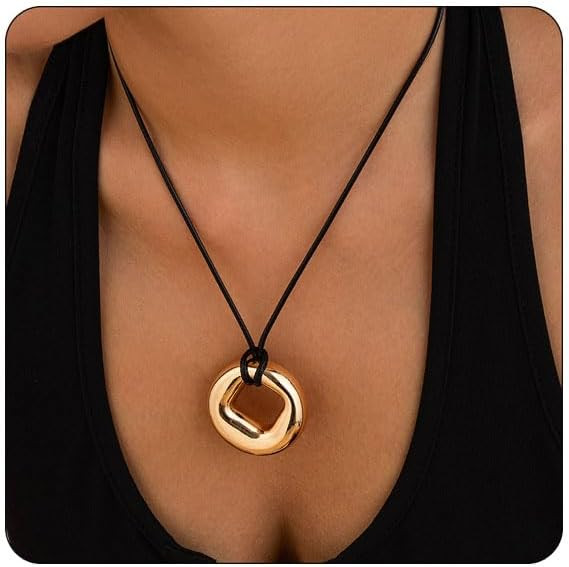 Bethynas Leather Necklace Gold Rope Neck Accessories for Women Boho Irregular Circle Pendant | Amazon (US)