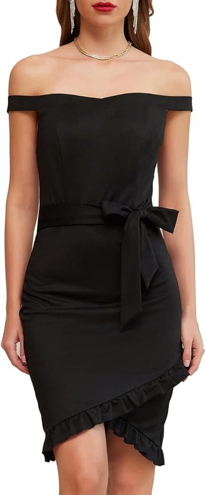 LIUMILAC Women Elegant Tube Off Shoulder Dress Wrap Ruffle Bodycon Party Dress with Belt | Amazon (US)