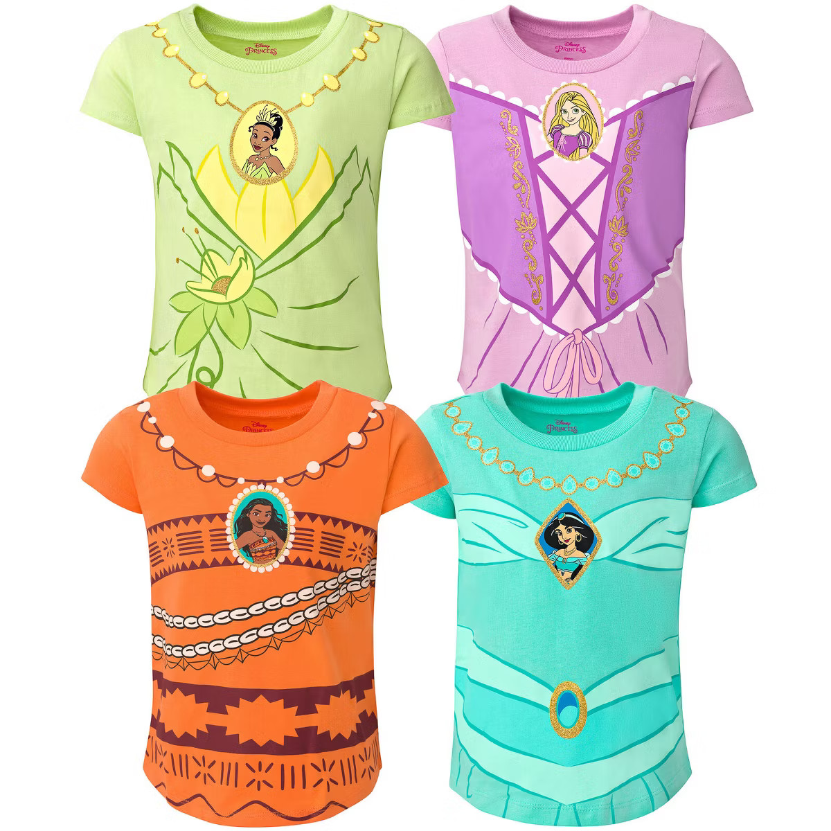 Disney Princess Ariel Moana Jasmine Belle Cinderella Aurora Tiana Girls 4 Pack Graphic T-Shirts T... | Target