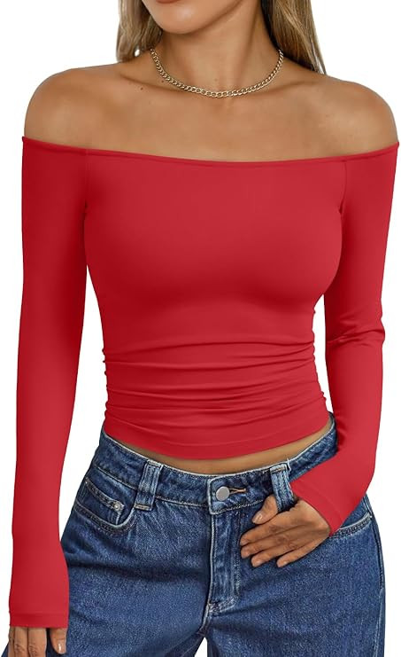 Trendy Queen Womens Long Sleeve Off The Shoulder Tops Going Out Cute Basic Y2K Fall Fashion 2026 ... | Amazon (US)