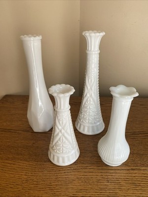 LOT OF 4 Unique Vintage Mid Century White Milk Glass Bud Vases;  2 @ 9"; 2 @ 6" | eBay US