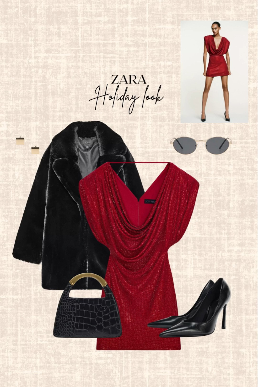Zara Holiday Look! 

Mini red party dress, coat, black bag, heels, sunglasses, earrings, holiday party outfit 

#LTKootd #LTKHoliday #LTKSeasonal