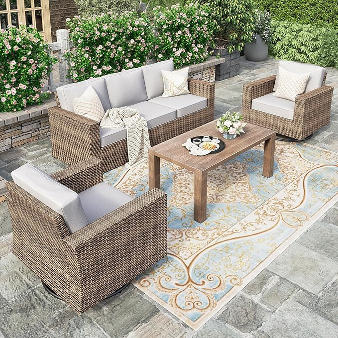 HERA'S HOUSE Patio Furniture Conversation Set, Outdoor Swivel Glide Wicker Chairs with 4.92" Wide... | Amazon (US)